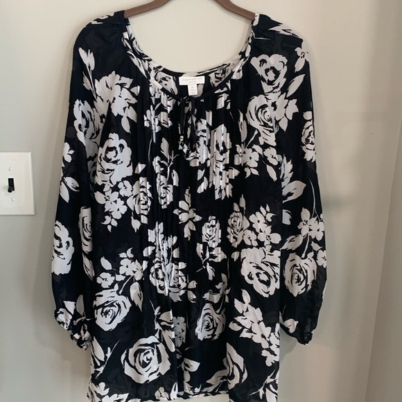 Charter Club Tops - Charter Club Woman Black White Floral Pleated Tie Neck Blouse 2X Plus Size